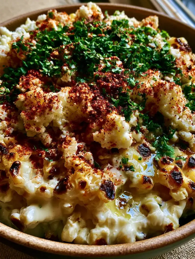 Detailed close-up of Mexican Street Corn with glossy crema dressing and bright emerald cilantro garnish.