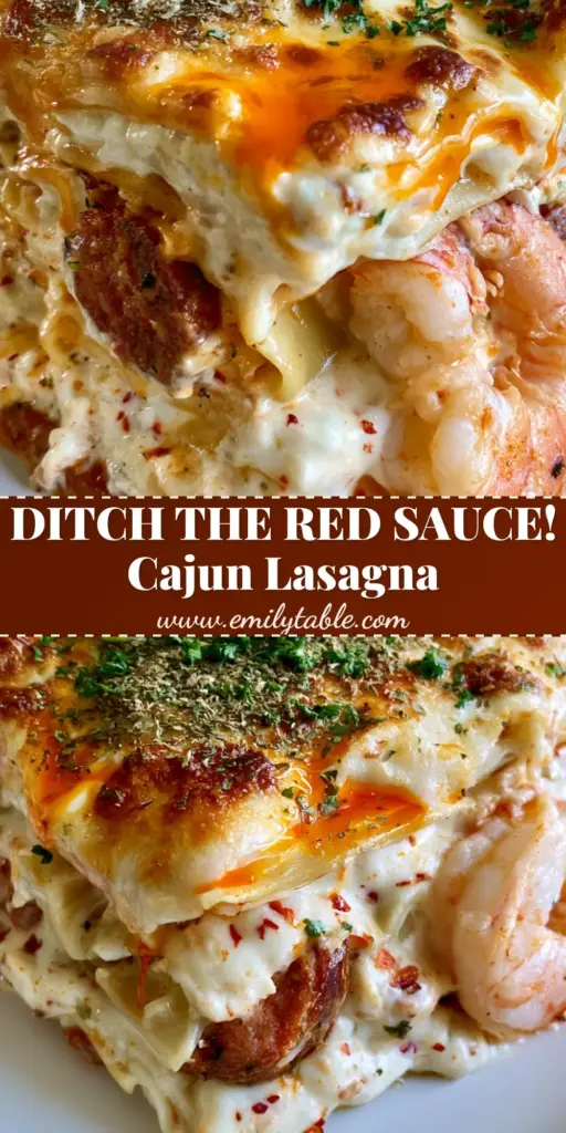 Cajun Lasagna: The Ultimate Creamy Seafood and Sausage Pasta Bake 4 A towering slice of cajun lasagna on a white plate showing layers of shrimp, andouille sausage, and creamy white sauce with orange oil pooling. (cajun lasagna)