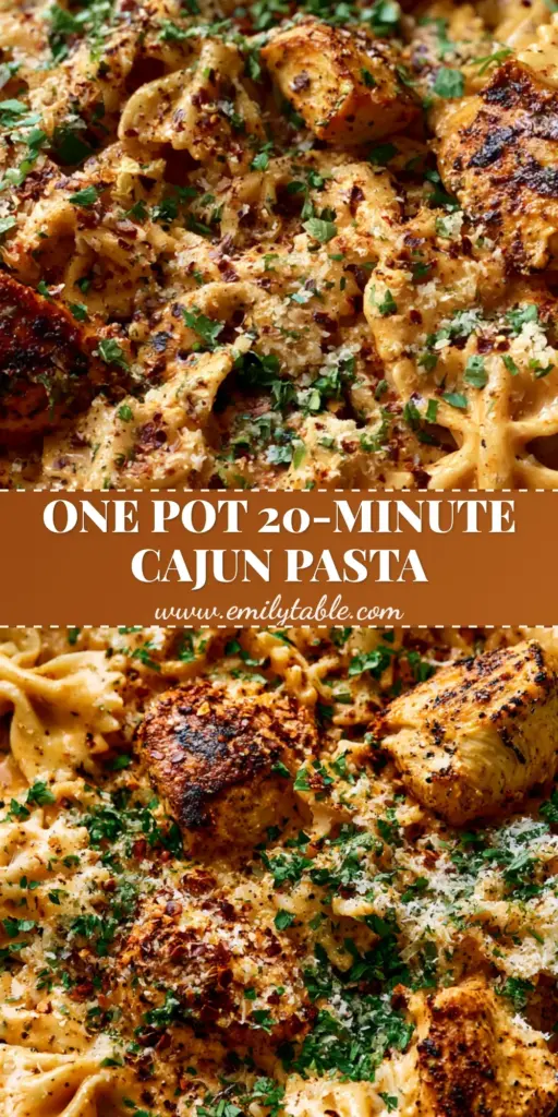 A close-up of Creamy Cajun Chicken Bowtie Pasta in a black skillet with sunset-orange sauce and parsley garnish.