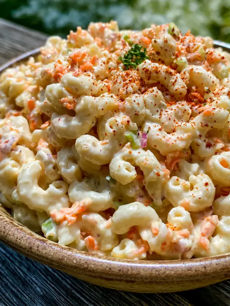 Close-up detail of elbow macaroni coated in a rich dressing with slivers of red onion and green celery.