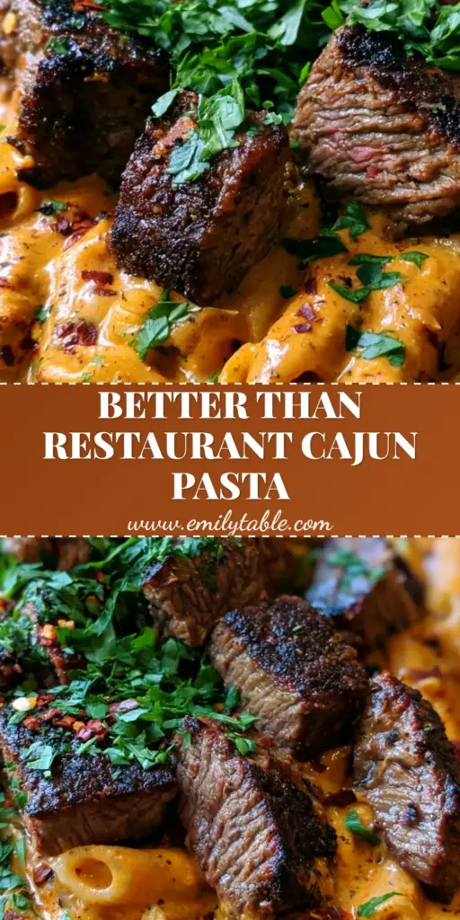 A rustic cast iron skillet filled with creamy cajun steak penne pasta garnished with parsley and red pepper flakes.