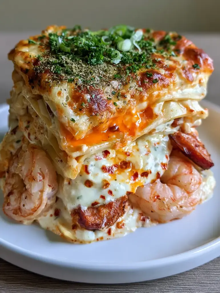 Cajun Lasagna: The Ultimate Creamy Seafood and Sausage Pasta Bake 2 Extreme close-up of cajun lasagna layers with wide noodles, pink shrimp, and browned sausage slices. (cajun lasagna)