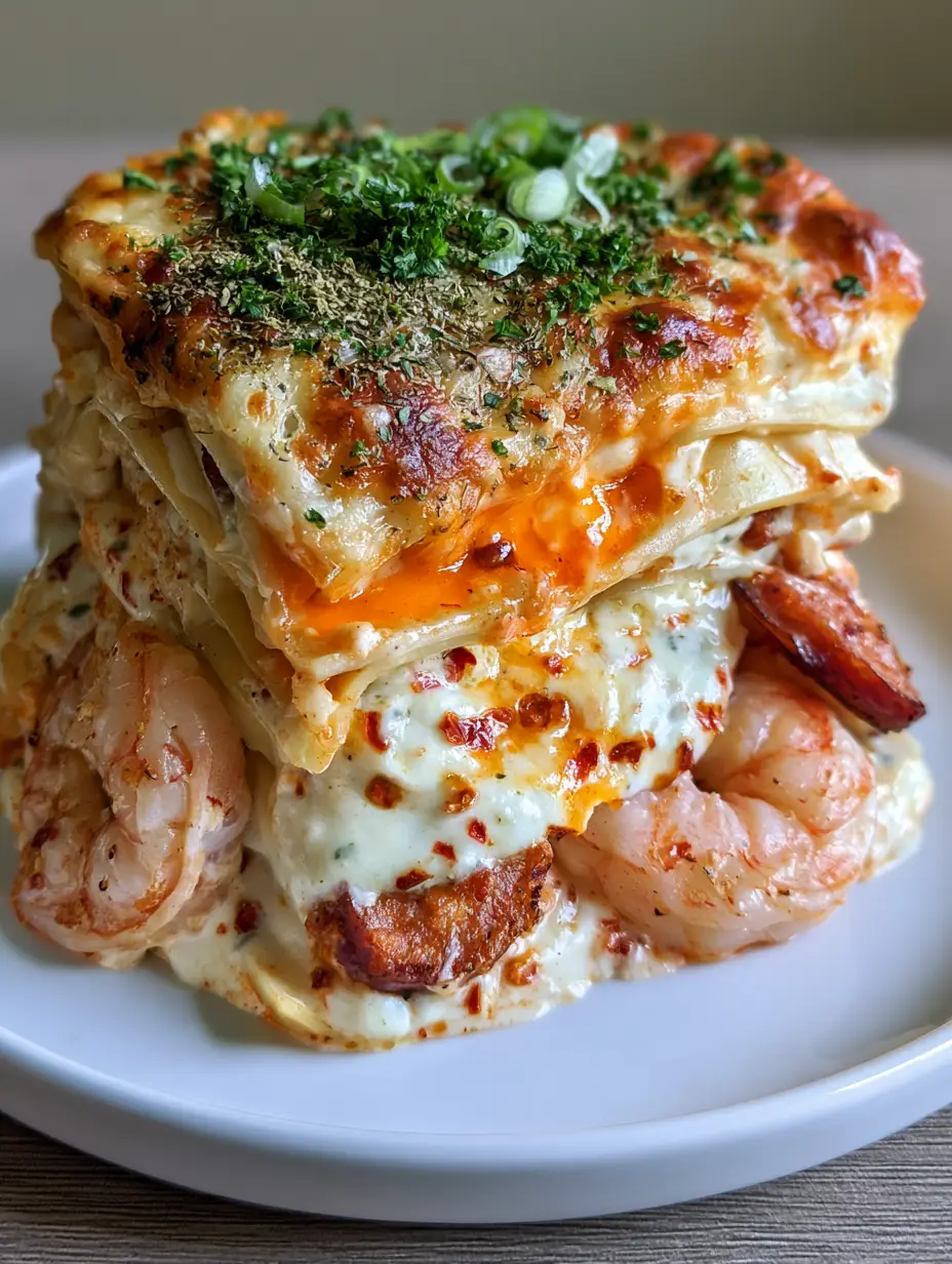 Cajun Lasagna: The Ultimate Creamy Seafood and Sausage Pasta Bake 3 Extreme close-up of cajun lasagna layers with wide noodles, pink shrimp, and browned sausage slices. (cajun lasagna)