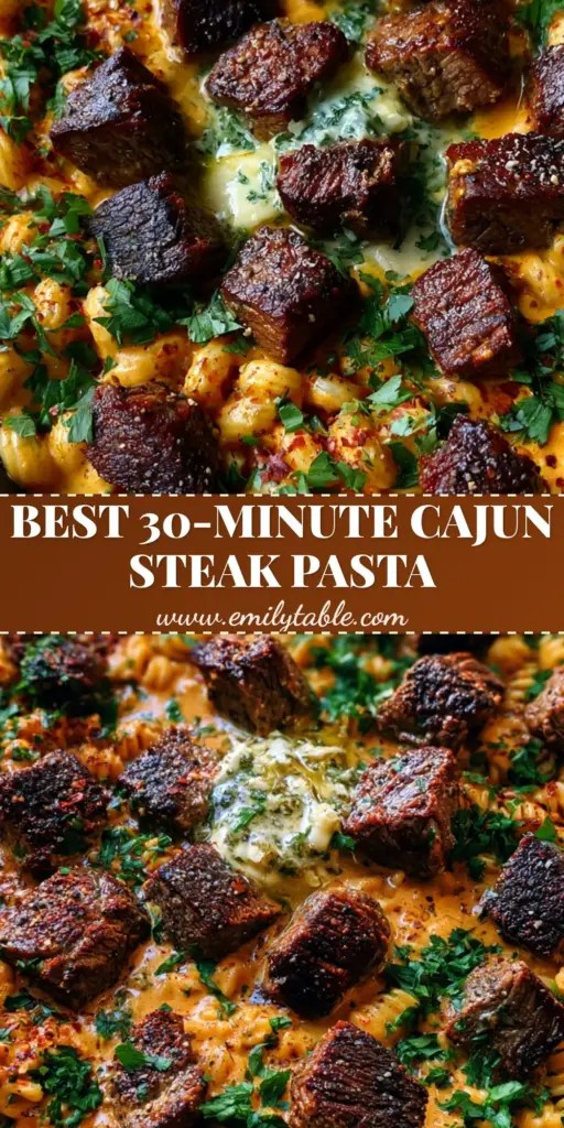 Cajun Butter Steak Pasta with Garlic Herb Glaze 4 A rustic cast iron skillet filled with Cajun Butter Steak Pasta, showing radiatori pasta in an orange cream sauce with mahogany seared steak bites and melting herb butter.