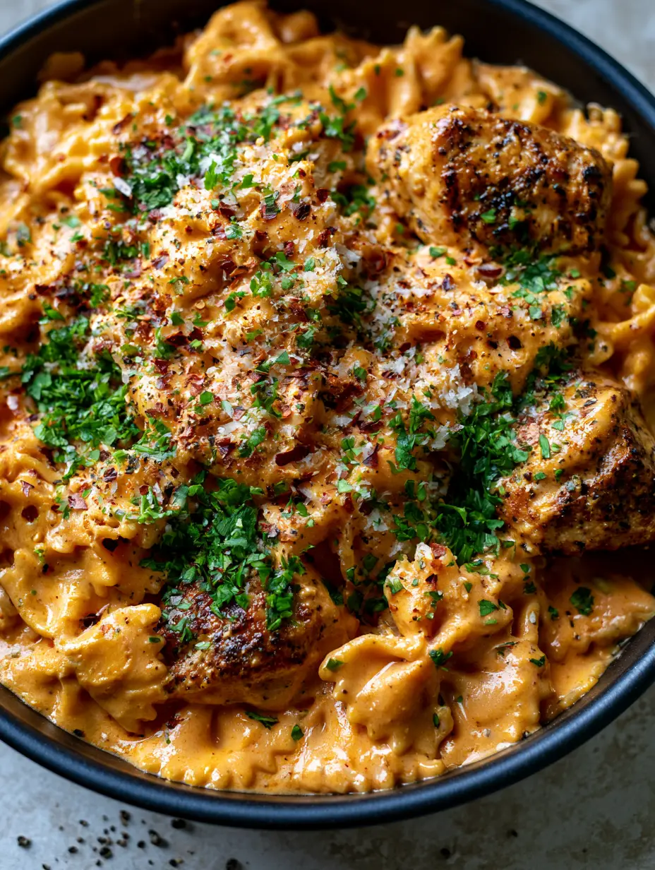 Macro shot of sunset-orange Cajun cream sauce coating bowtie pasta with seared chicken chunks.