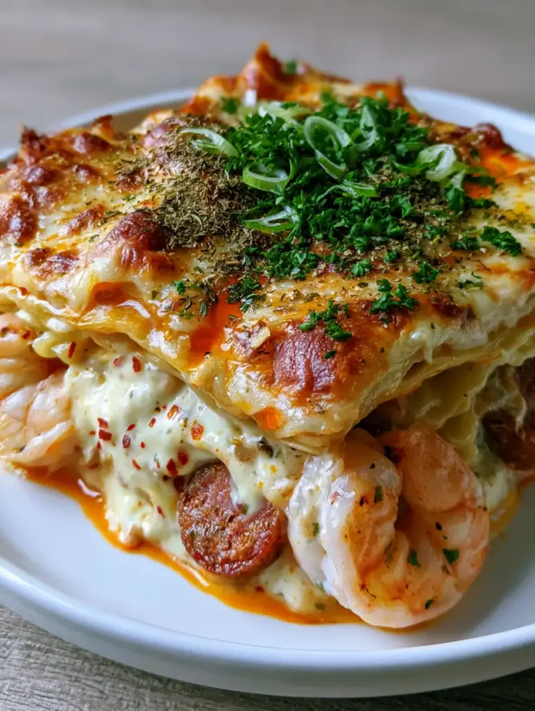 Cajun Lasagna: The Ultimate Creamy Seafood and Sausage Pasta Bake 1 Top view of a bubbly golden brown cajun lasagna crust with parsley and scallion garnish.