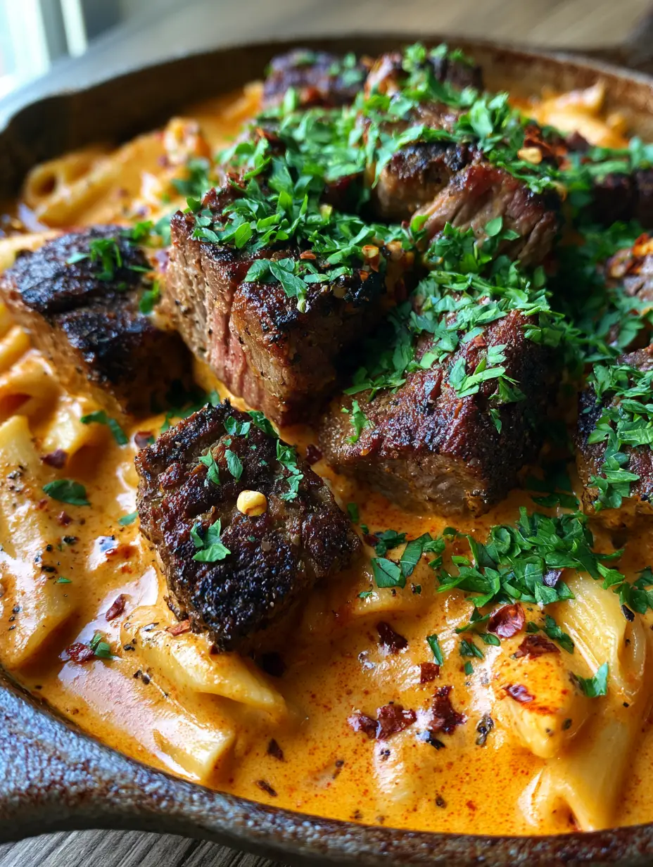 Macro shot of seared steak bites and al dente penne in a thick orange sauce. (creamy cajun steak penne pasta)