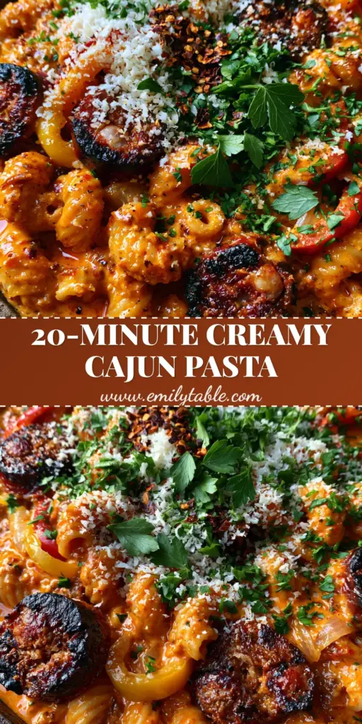A rustic cast iron skillet filled with glossy Cajun sausage cavatappi pasta, topped with parmesan and parsley. (Cajun sausage cavatappi pasta)