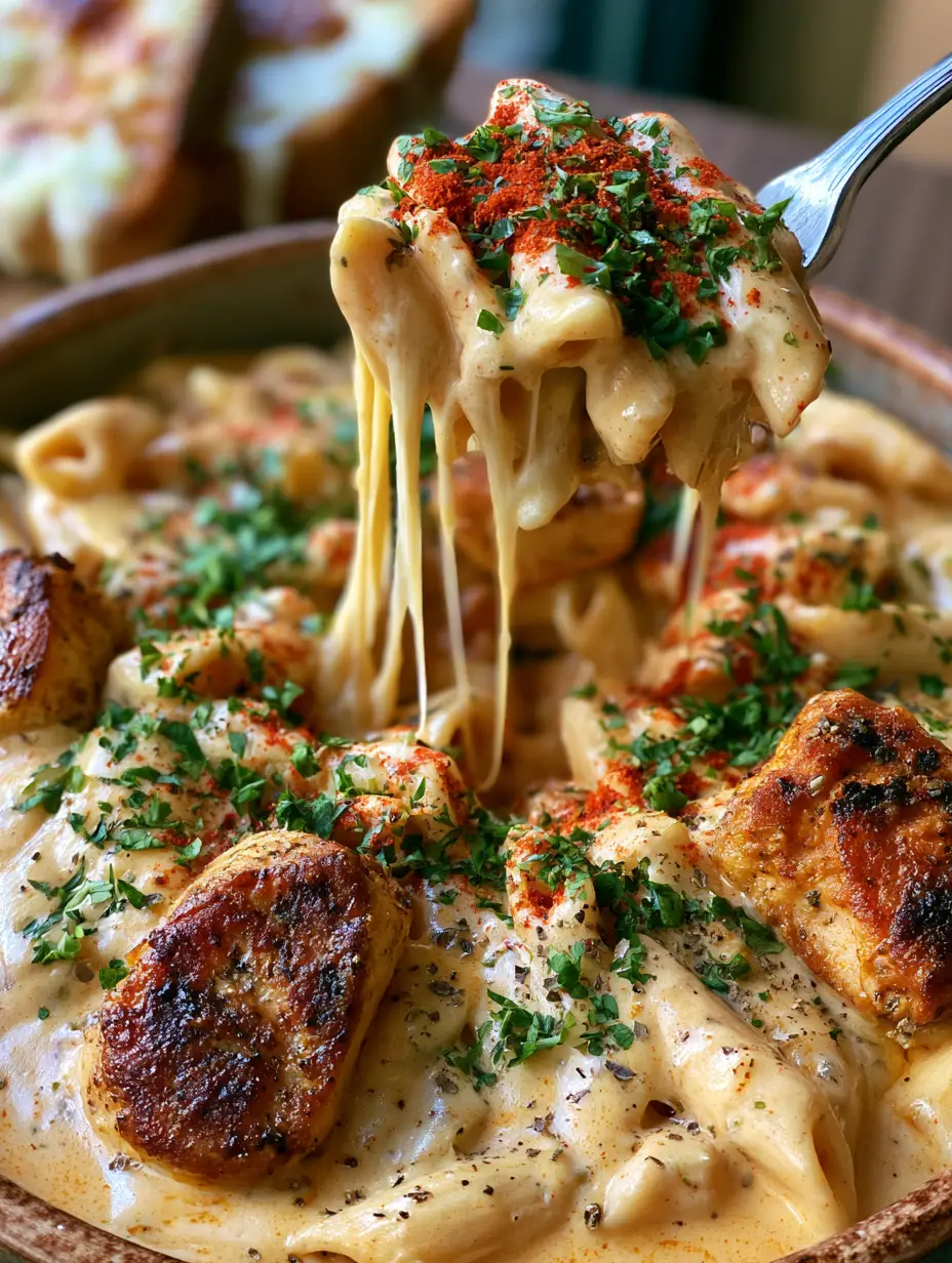 Extreme close-up of penne submerged in a glossy pale-orange pepper jack sauce with charred chicken chunks. (Creamy Pepper Jack Cajun Chicken Pasta)