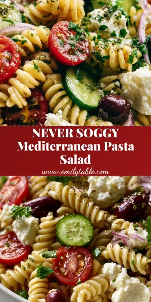A close-up shot of a Mediterranean pasta salad with rotini, cucumbers, tomatoes, and feta in a white bowl.