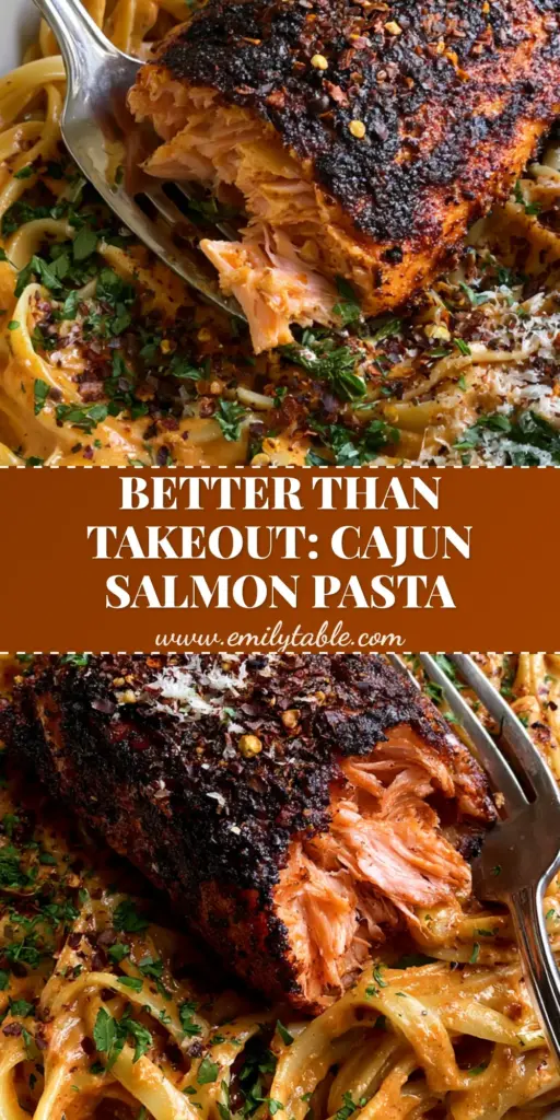 Blackened Cajun Salmon Pasta: The Ultimate Creamy Seafood Comfort Food 4 A top-down photo of Blackened Cajun salmon pasta featuring a dark-crusted salmon fillet on creamy orange fettuccine in a white bowl.