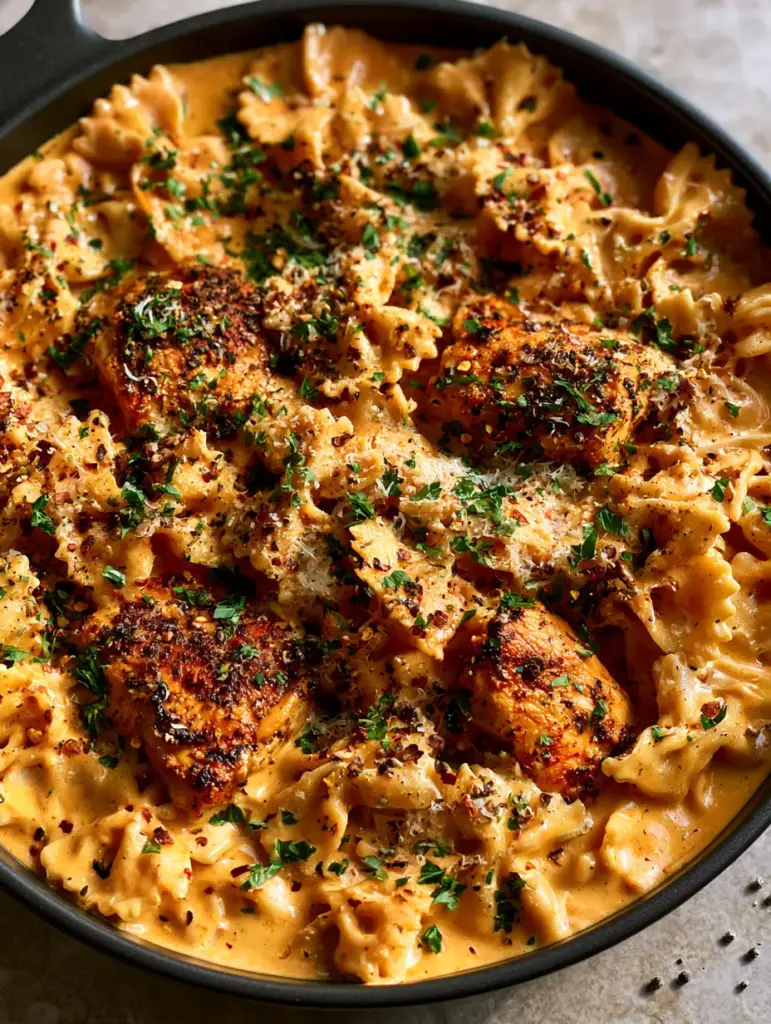 Top-down view of Cajun Chicken Bowtie Pasta garnished with fresh parsley and red chili flakes.