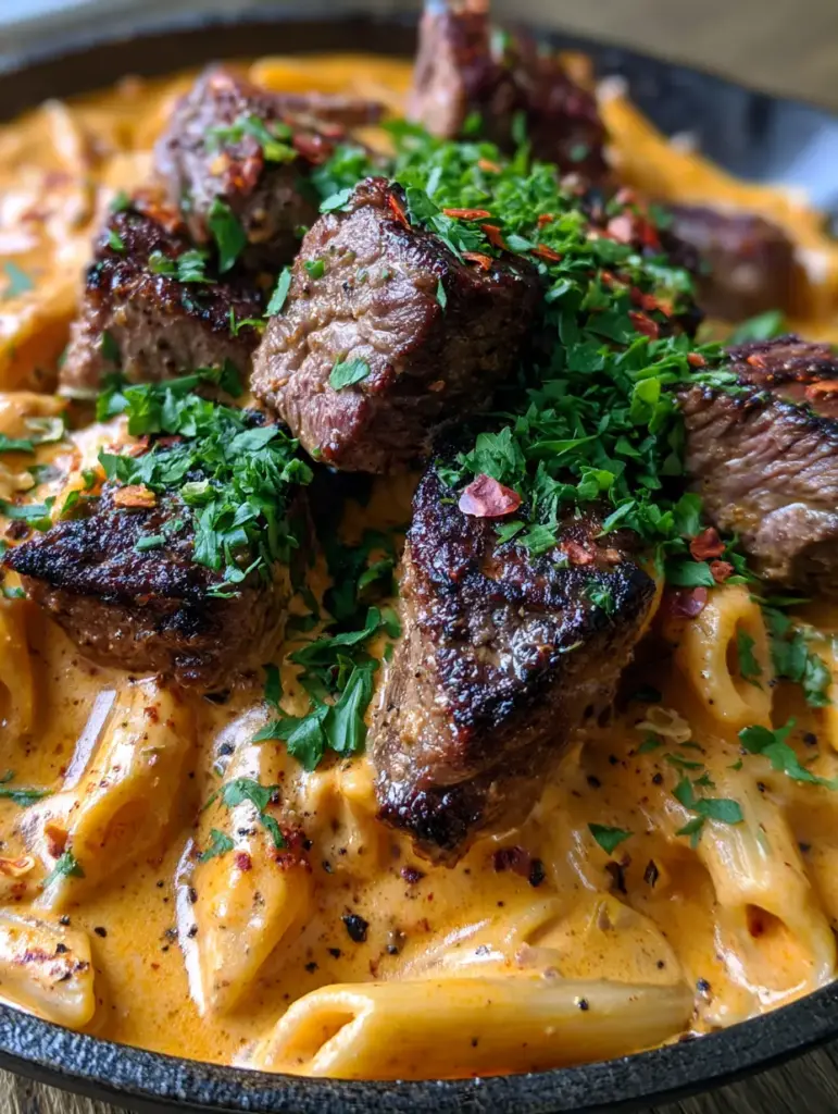 Glossy sunset-orange cajun sauce coating penne pasta in a seasoned cast iron skillet.