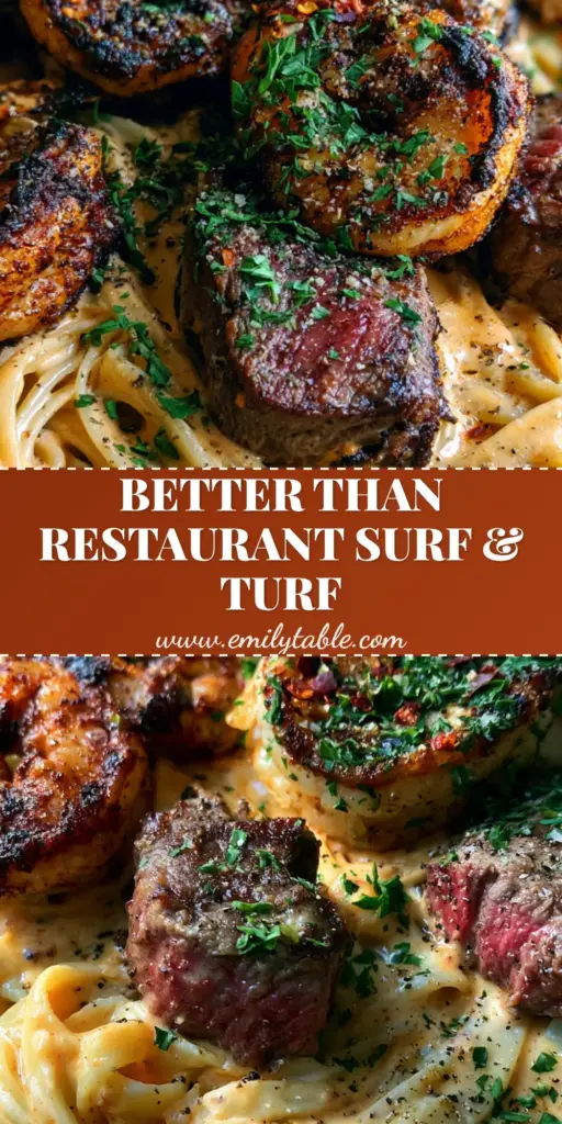 A close-up vertical shot of Cajun Shrimp and Steak Alfredo Pasta in a cast iron skillet, featuring blackened shrimp and medium-rare steak medallions over creamy fettuccine.