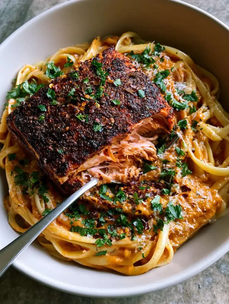 Blackened Cajun Salmon Pasta: The Ultimate Creamy Seafood Comfort Food 2 Close-up of a succulent Atlantic salmon fillet with a dark crispy blackened crust flaked open with a silver fork.