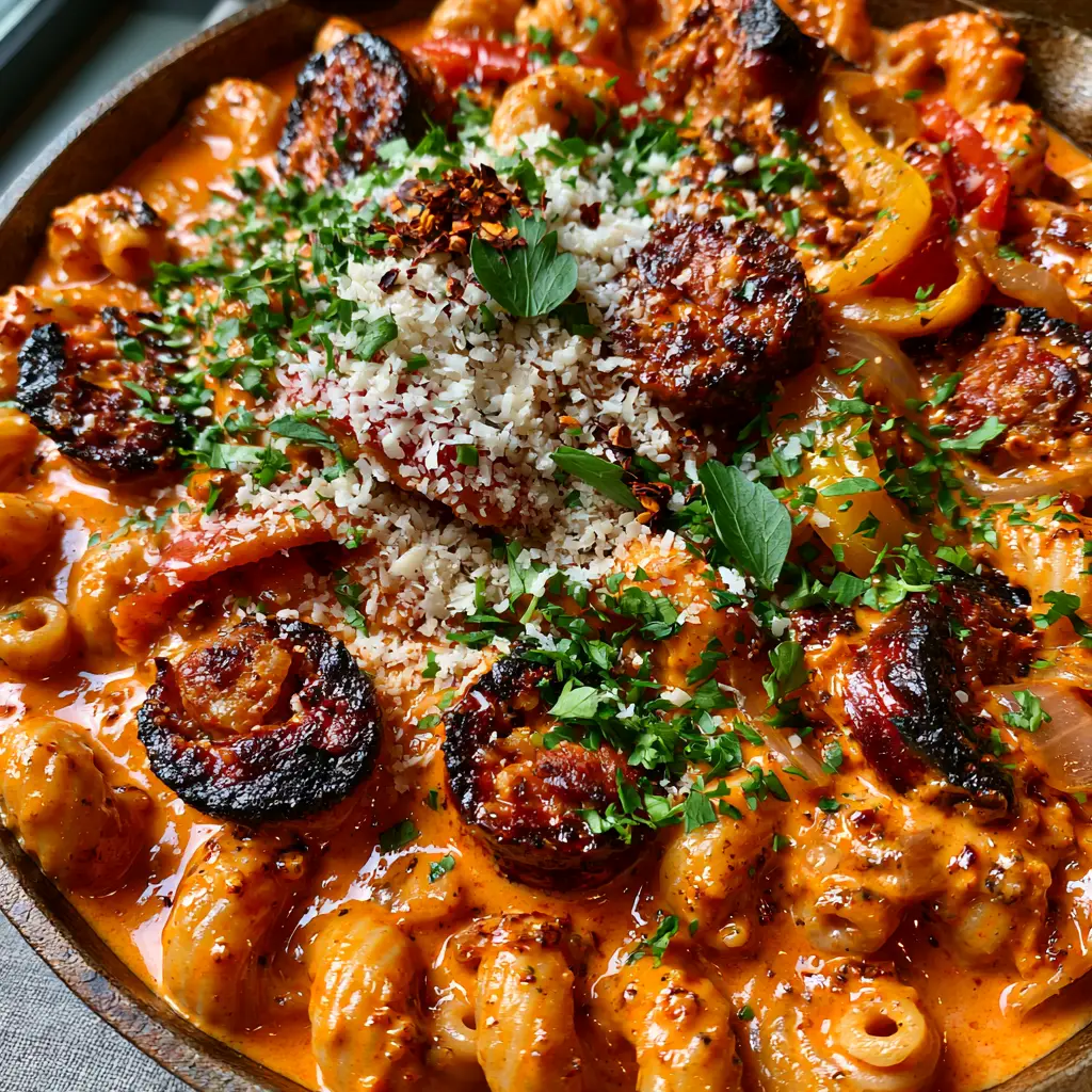 Close-up of charred Andouille sausage rounds and vibrant bell peppers in a creamy Cajun sauce.
