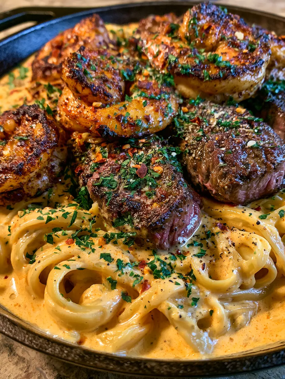 Macro smartphone photo of Cajun Shrimp and Steak Alfredo Pasta in a rustic cast iron skillet with velvety orange sauce and fresh parsley garnish.