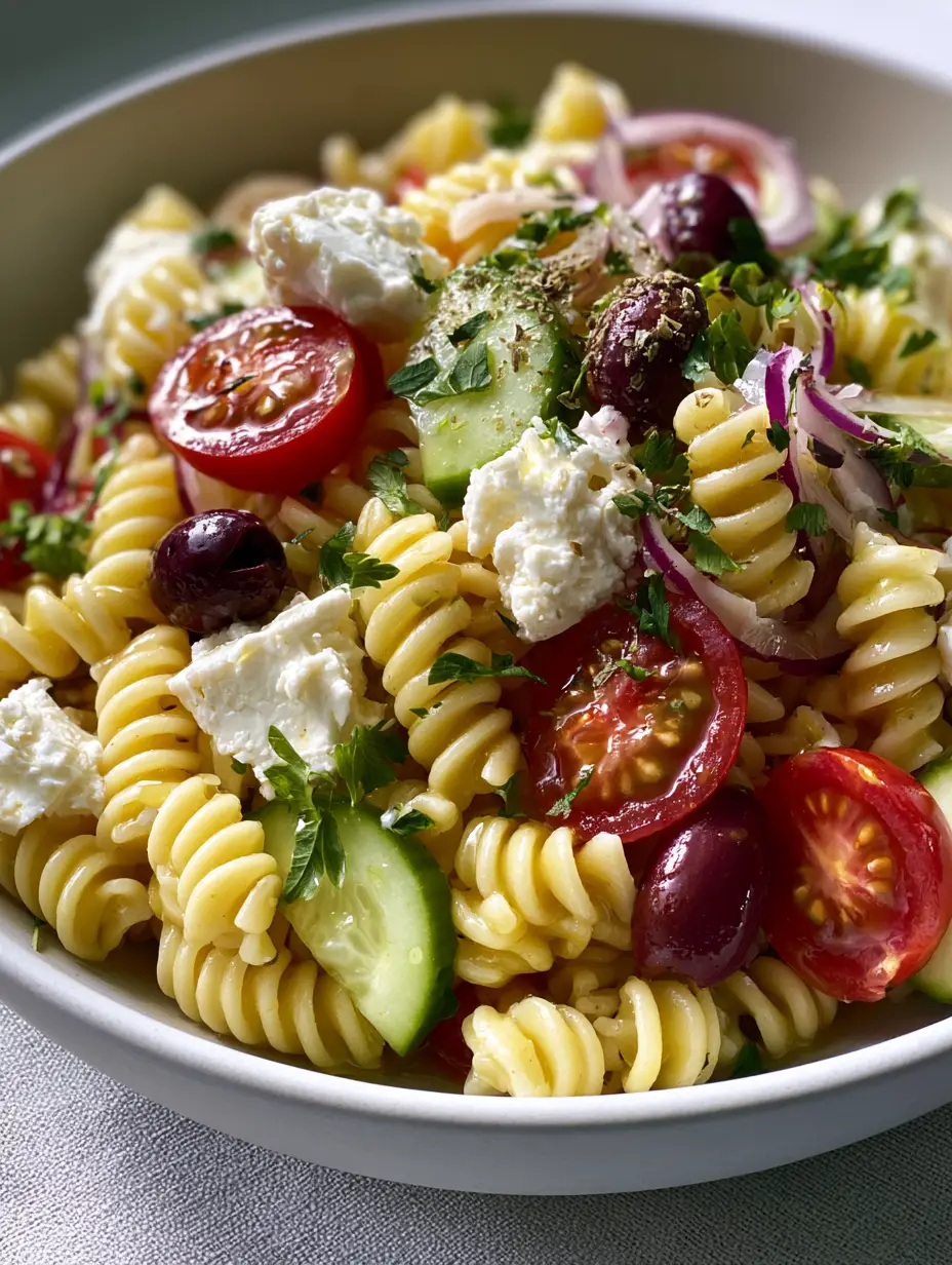 Ultra-HD close-up of rotini pasta coated in a glistening translucent vinaigrette with kalamata olives and feta. (Mediterranean pasta salad)