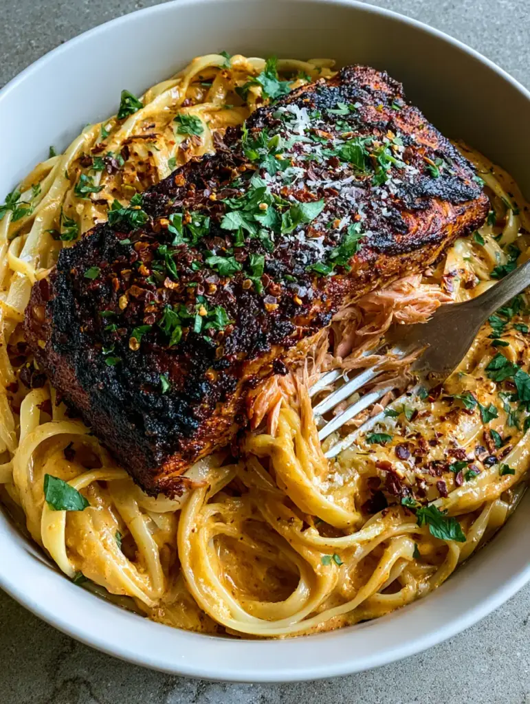Blackened Cajun Salmon Pasta: The Ultimate Creamy Seafood Comfort Food 1 A shallow ceramic bowl of fettuccine swirled in thick orange-tinted Cajun cream sauce garnished with parsley and red pepper flakes.