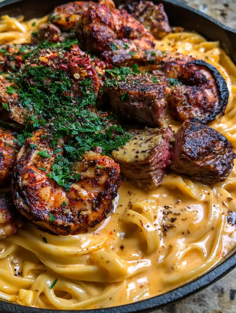 Detailed view of glossy fettuccine noodles submerged in orange-tinted Cajun Alfredo sauce with charred shrimp and pink-centered steak medallions.