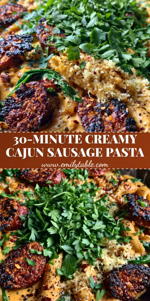 A top-down view of Cajun smoked sausage alfredo pasta in a black skillet with charred andouille and orange cream sauce.
