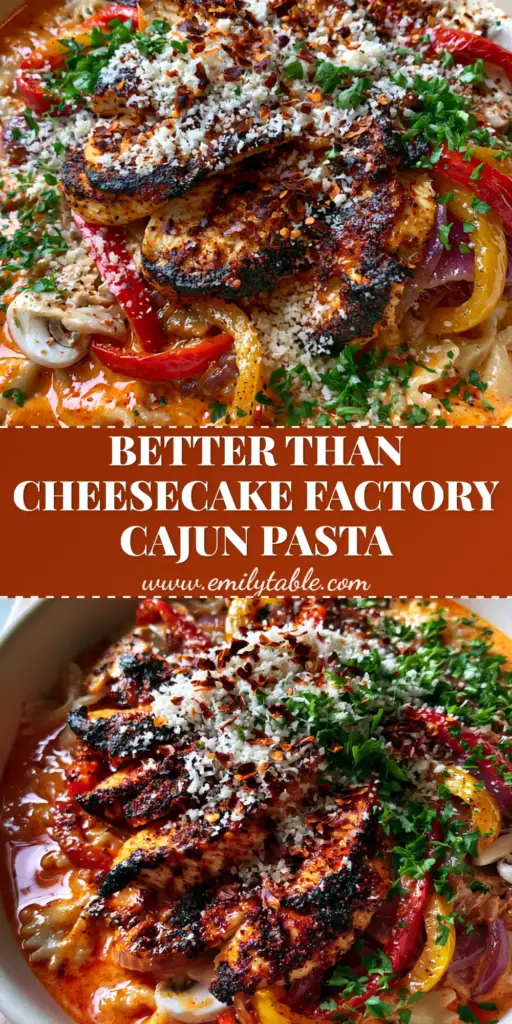 A top-down view of Cheesecake Factory Cajun Creamy Pasta with bowtie pasta, orange sauce, and charred chicken breast.