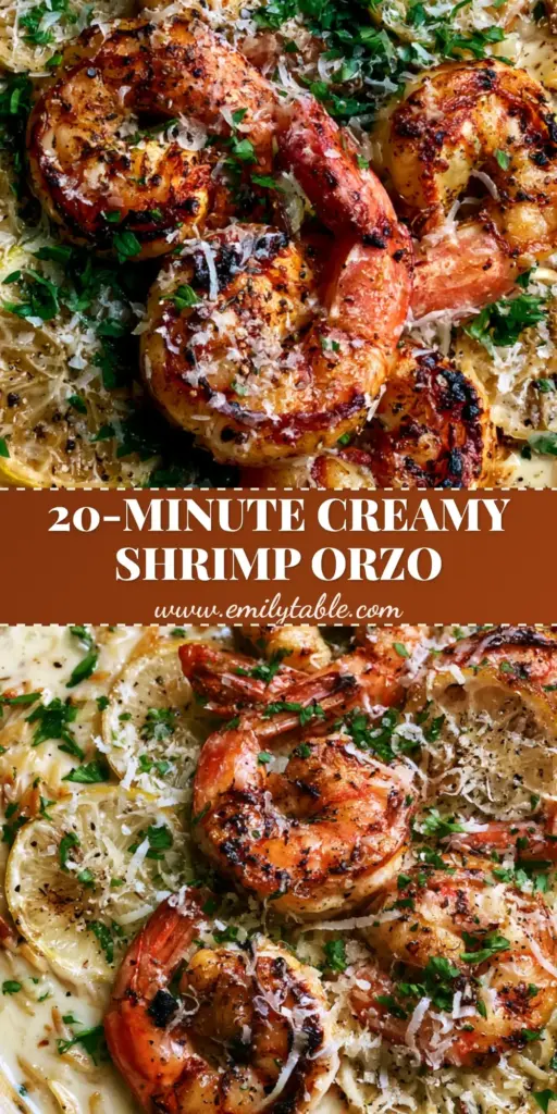 A overhead shot of creamy shrimp orzo in a ceramic skillet with charred jumbo shrimp, lemon wheels, and fresh parsley. (shrimp orzo)