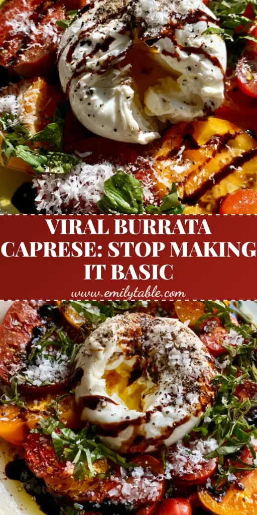 A luxury Caprese Salad on a rustic cream plate with torn creamy burrata, multi-colored heirloom tomatoes, and glossy balsamic glaze.