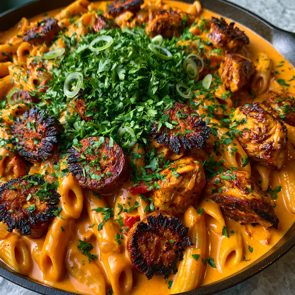 High-angle view of Cajun Pastalaya garnished with fresh parsley and scallions on a stone background.