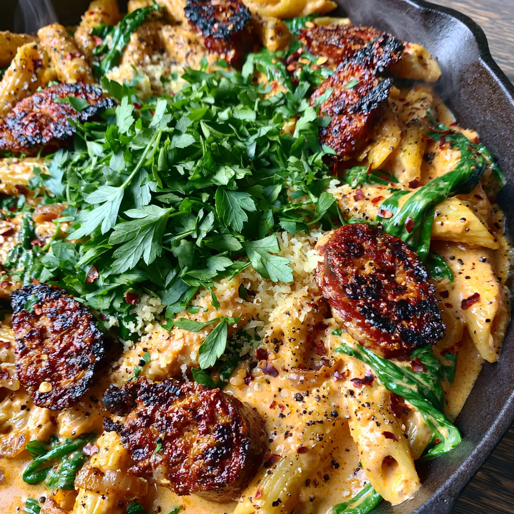 Overhead view of penne pasta coated in orange cajun alfredo sauce with melted parmesan and red pepper flakes.