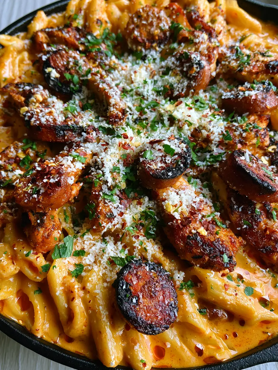 Extreme macro of seared andouille sausage and blackened chicken in orange cream sauce. (Cajun Sausage and Chicken Pasta)