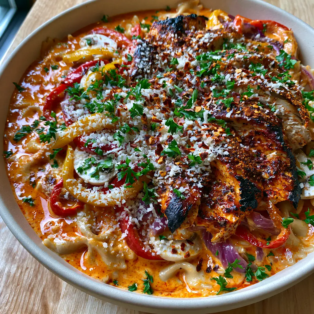 Close-up of seared chicken breast slices over bowtie pasta and sautéed bell peppers.