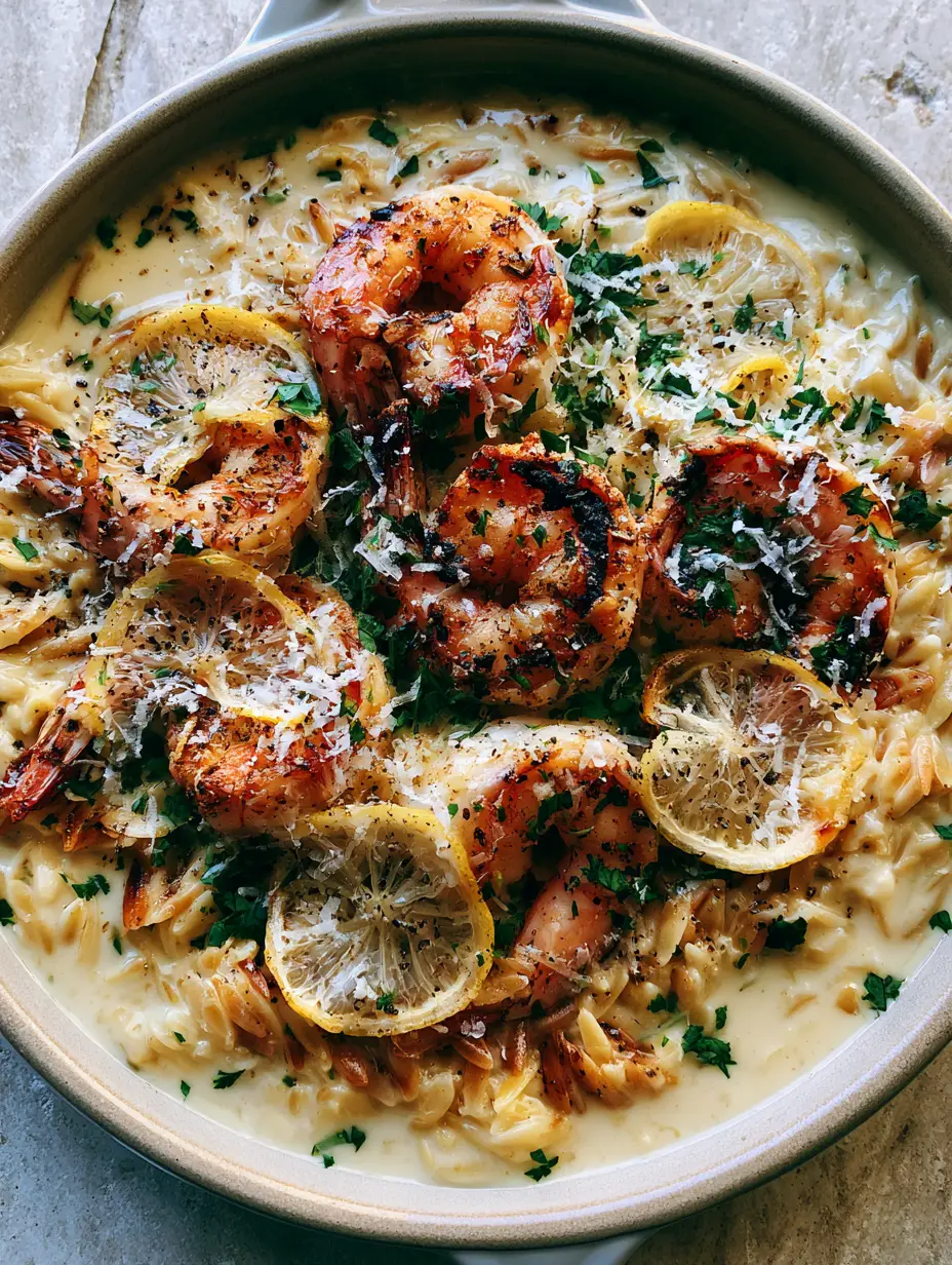 Macro top-down view of toasted golden orzo in ivory cream sauce topped with charred jumbo shrimp and emerald green parsley. (shrimp orzo)