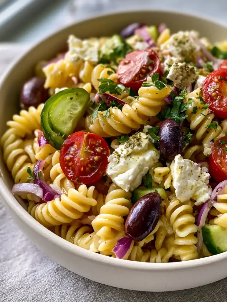 Close-up of Persian cucumber crescents and cherry tomato halves in a Mediterranean pasta salad.