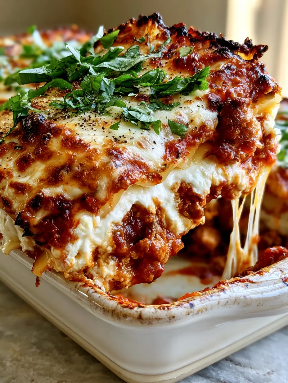 Quick & Easy Lasagna with Ground Turkey and Bubbly Mozzarella 3 Macro view of bubbly, toasted mozzarella on top of a Quick & Easy Lasagna with charred edges and fresh basil.