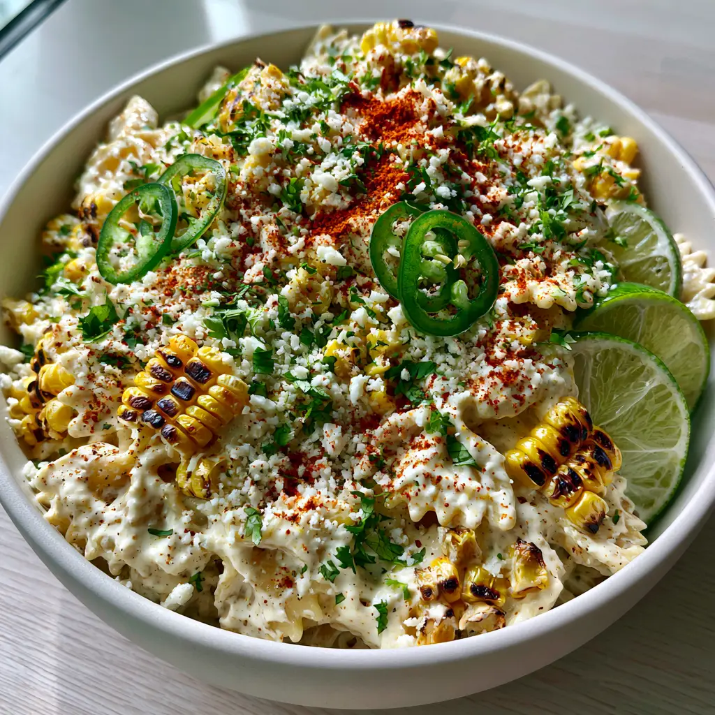 A large matte-white bowl of Street Corn Pasta Salad with visible char marks on the corn kernels and creamy dressing.