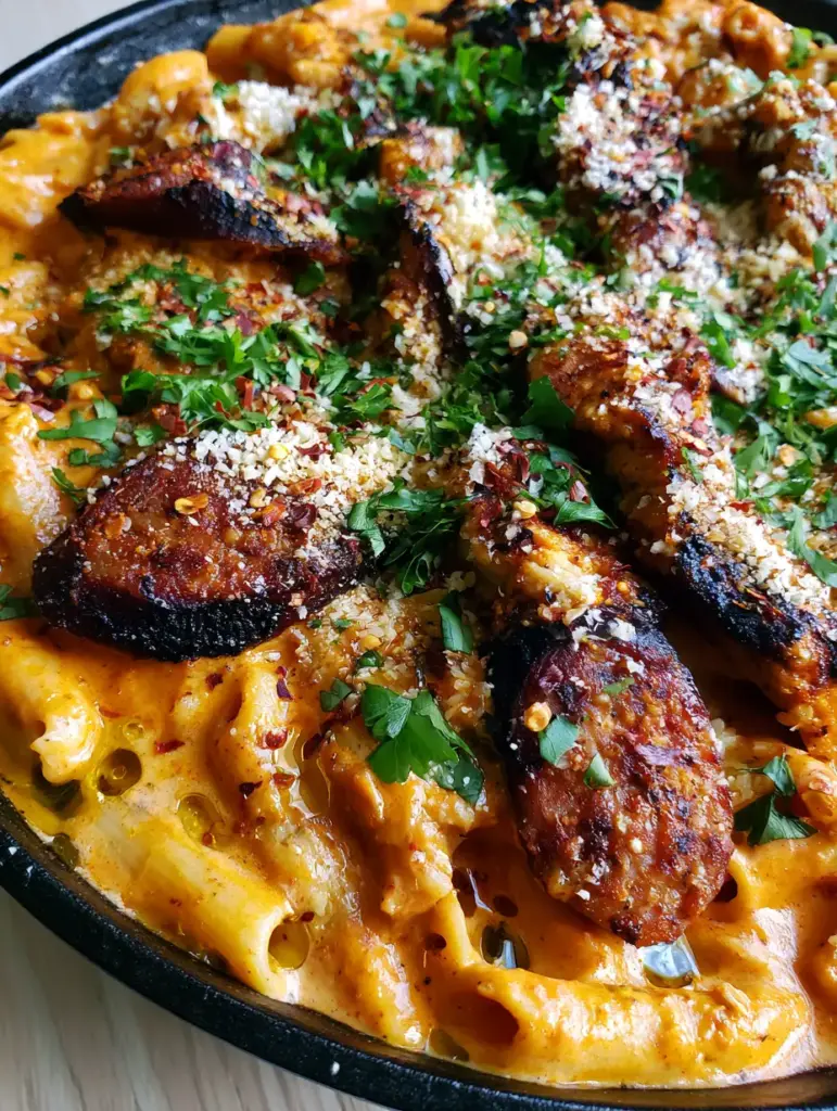 Glistening penne pasta coated in thick Cajun cream sauce with parmesan and parsley garnish.