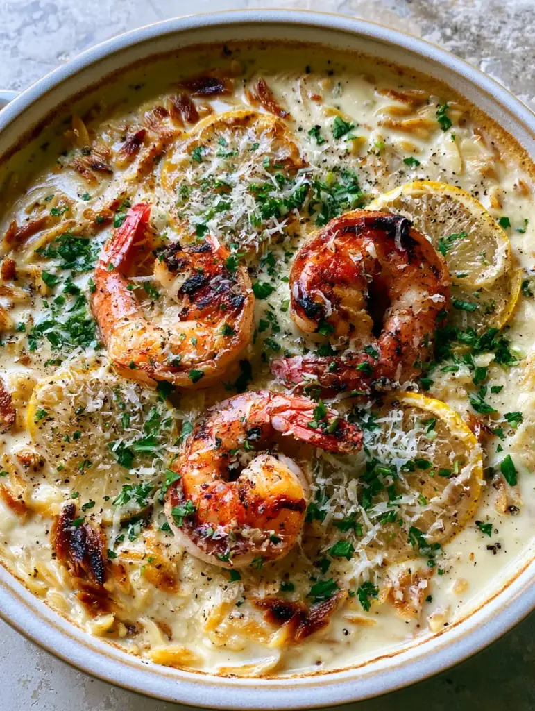 Close up of velvety garlic cream sauce with translucent lemon slices and micro-planed Parmesan cheese. (shrimp orzo)