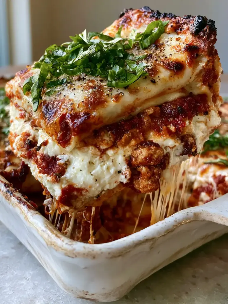 Quick & Easy Lasagna with Ground Turkey and Bubbly Mozzarella 1 Distinct layers of no-boil noodles, white cottage cheese, and red turkey sauce in a Quick & Easy Lasagna.