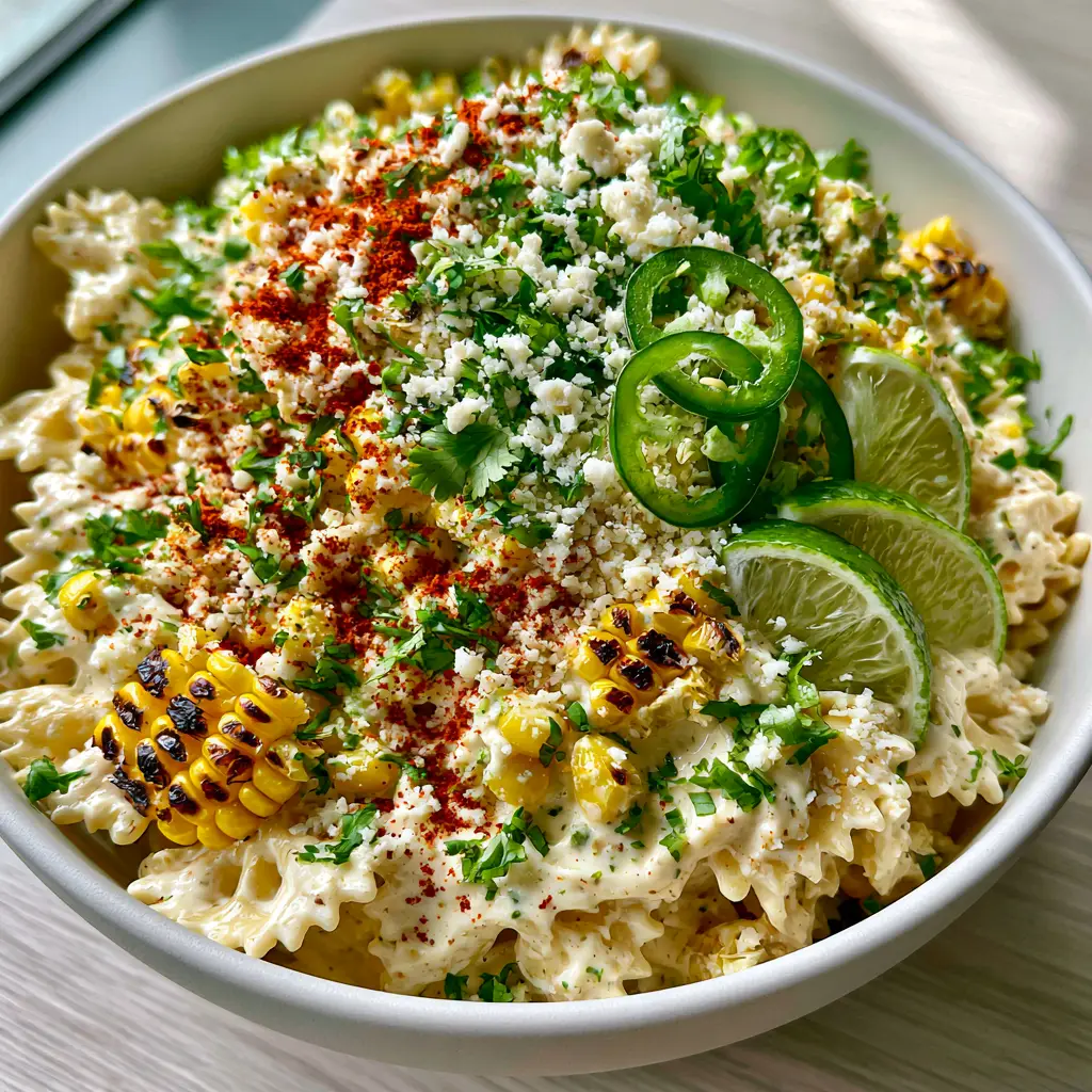 Street Corn Pasta Salad with Charred Corn and Creamy Lime Crema 1 Close-up of Street Corn Pasta Salad showing crumbled cotija cheese, cilantro, and sliced jalapeños.