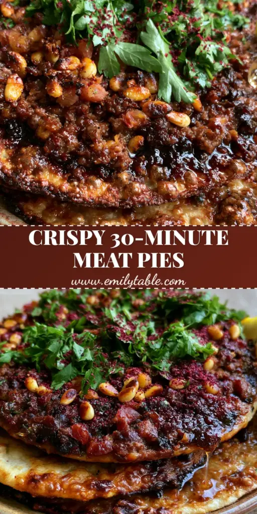Lahm Bi Ajeen: The Ultimate Crispy Lebanese Meat Pie Recipe 4 Three authentic Lebanese Lahm Bi Ajeen meat pies on a wooden board featuring cracker-thin crust, spiced lamb, and pine nuts.