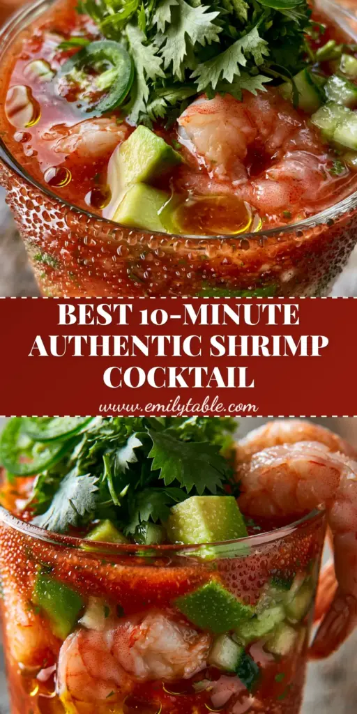 A tall glass schooner filled with Mexican shrimp cocktail, featuring plump poached shrimp, avocado cubes, and a thick crimson tomato sauce garnished with cilantro. (Mexican shrimp cocktail)