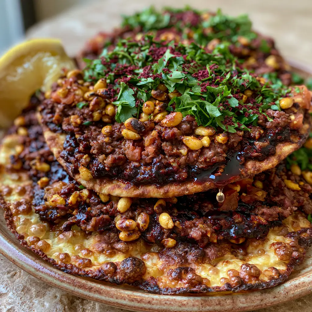 Lahm Bi Ajeen: The Ultimate Crispy Lebanese Meat Pie Recipe 2 Close-up of Lahm Bi Ajeen meat pie showing the glistening ground lamb topping and charred dough edges.