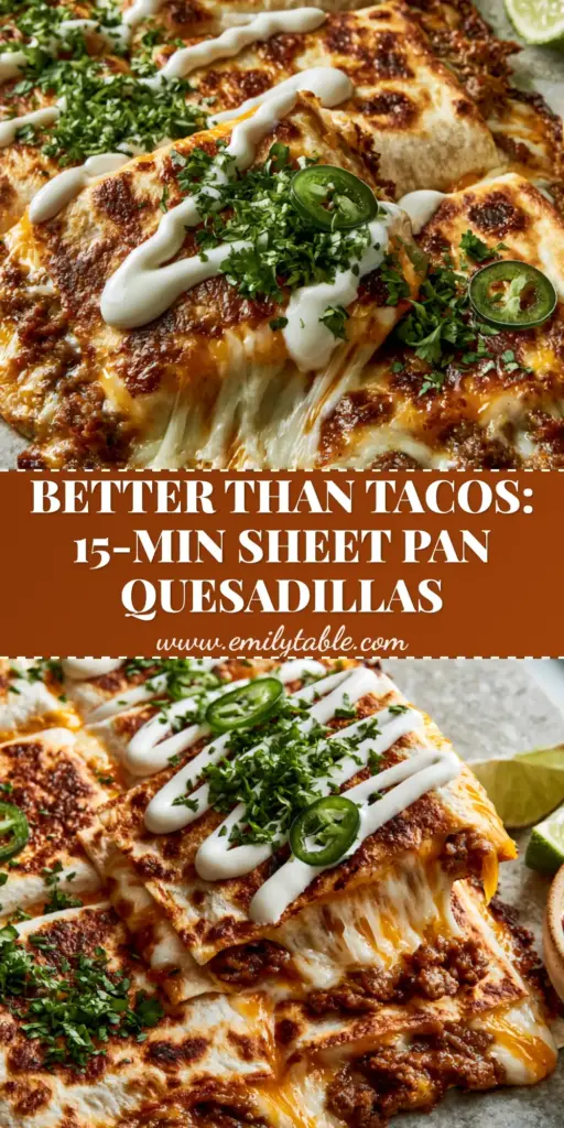 A close-up of sheet pan ground beef quesadillas sliced into squares with a thick cheese pull and Mexican crema drizzle.