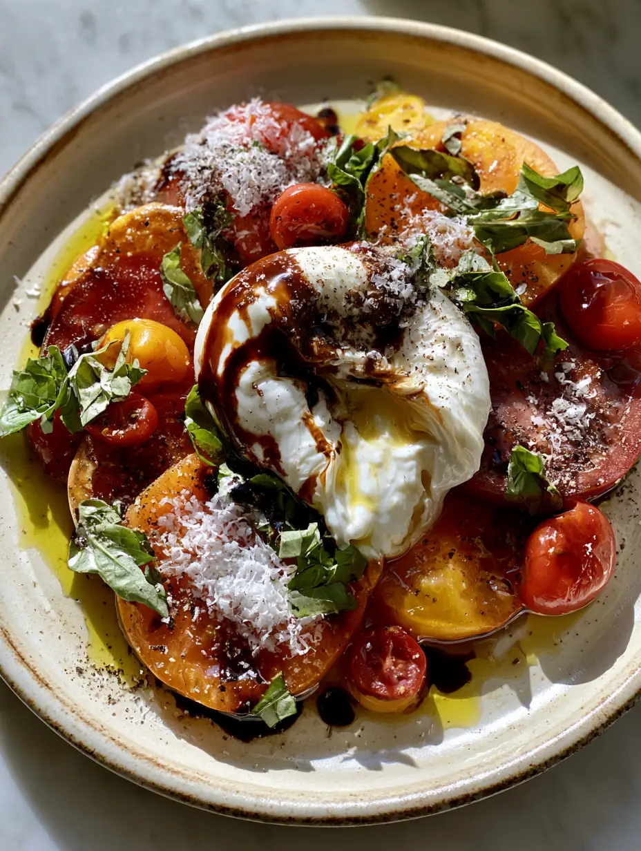 High-angle view of a Burrata Caprese Salad on a marble background with heirloom tomatoes and basil.