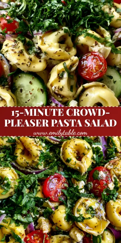 A top-down view of a vibrant cold tortellini pasta salad with cherry tomatoes, cucumbers, and feta in a white bowl.