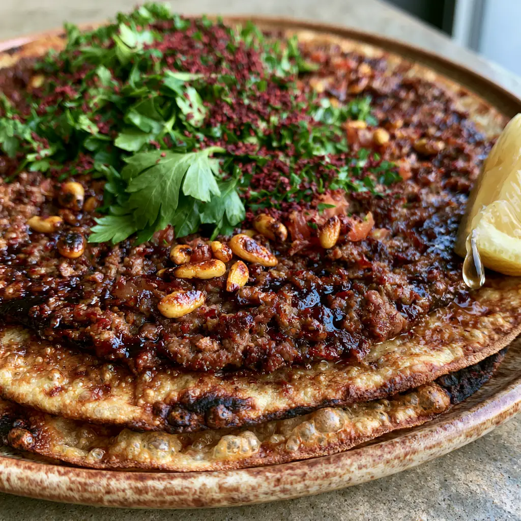 Lahm Bi Ajeen: The Ultimate Crispy Lebanese Meat Pie Recipe 1 A bite taken out of a Lahm Bi Ajeen meat pie to demonstrate the cracker-crisp dough texture.