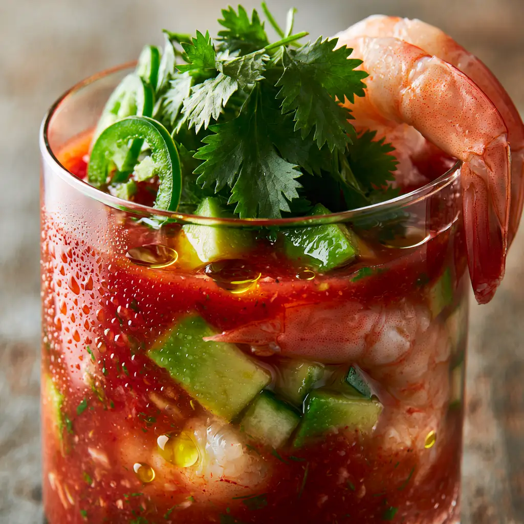 Plump poached jumbo shrimp and bright green avocado cubes inside a glass of Mexican shrimp cocktail, topped with jagged cilantro and serrano slices. (Mexican shrimp cocktail)