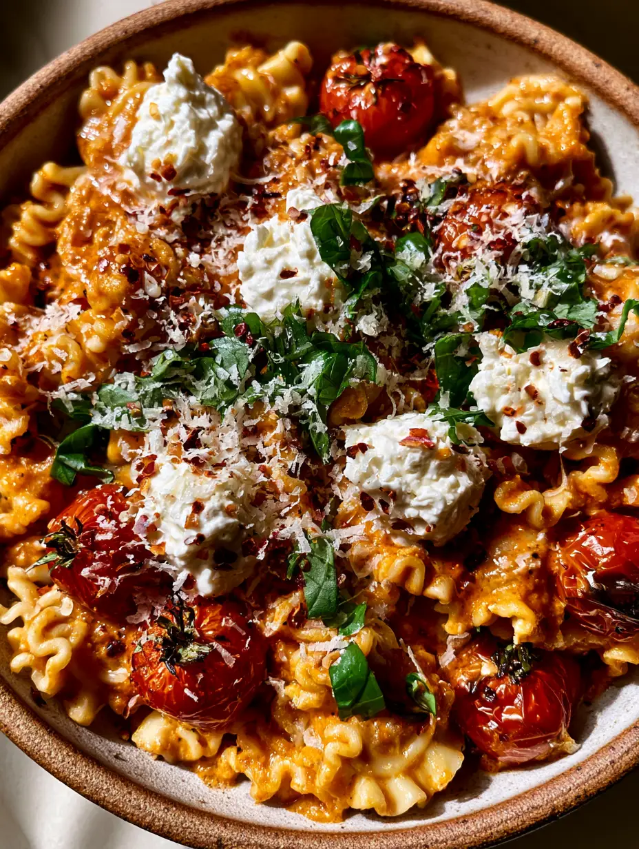 Extreme close-up of glossy orange-hued Tomato ricotta pasta with micro-planed parmesan and charred tomatoes.