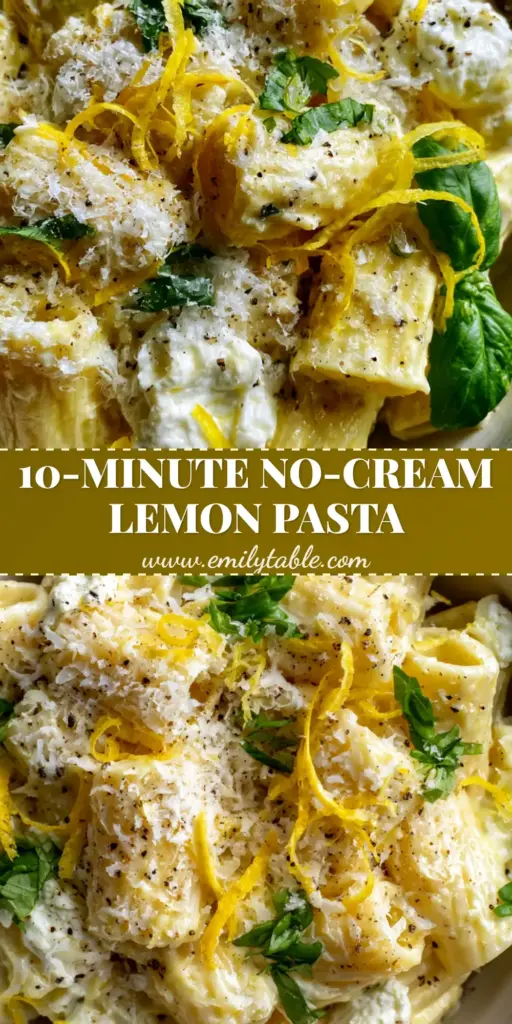Creamy Lemon Ricotta Pasta with Fresh Basil and Whipped Ricotta 4 Top-down view of creamy lemon ricotta pasta in a ceramic bowl with rigatoni, basil chiffonade, and lemon zest curls.